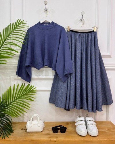 Melisa ikili kombin Mavi kazak, mavi etek