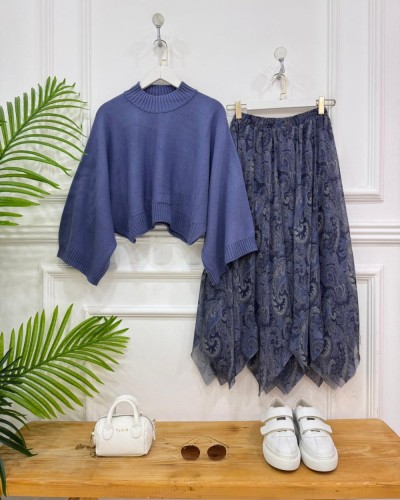 rivina ikili kombin mavi kazak, mavi etek