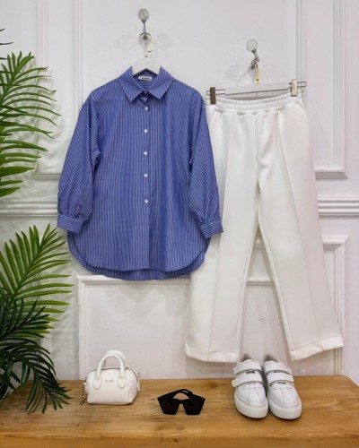 Edina ikili kombin Mavi gömlek- Ekru pantolon