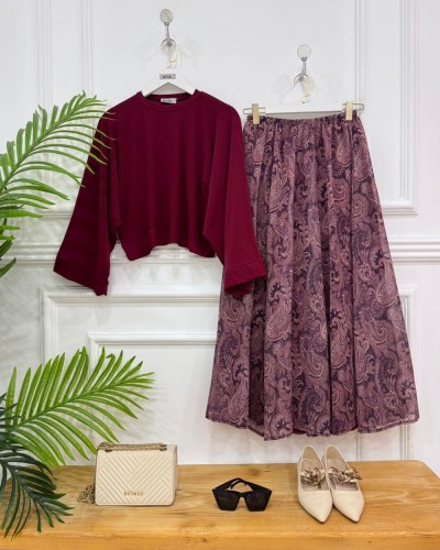 Melina ikili kombin bordo etek bordo bluz